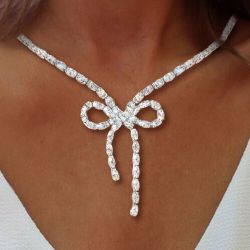 Oval Cut White Sapphire Bow Wedding Necklace For Women Luxury Jewelry 27 Ct 