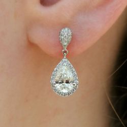 5.98 Ct Halo Pear Cut White Sapphire Bridal Jewelry Drop Earrings For Women