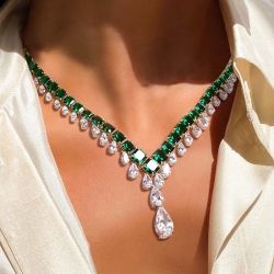 Two Tone Asscher Cut Emerald Sapphire Wedding Necklace For Wome Wedding Jewelry 163.7 Ct 