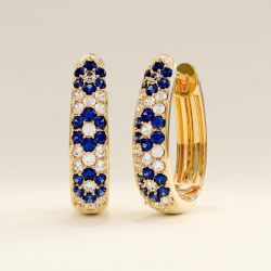 Golden Flower Round Cut Blue Sapphire Hoop Earrings For Women Wedding Jewelry