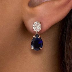 Golden Oval & Pear Cut White & Blue Sapphire Earrings Wedding Jewelry Drop Earrings For Women 7.4 Ct 