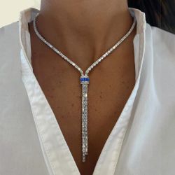 Lariat Design Baguette Cut White & Blue Sapphire Necklace For Women Wedding Jewelry