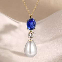 Golden Oval Cut Pearl & Blue Sapphire Pendant Necklace Wedding Necklace Pearl Necklace Women 2.5 Ct 