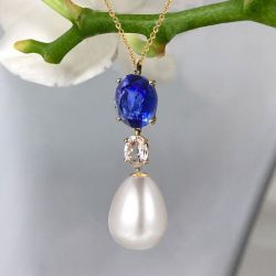 2.5 Ct Golden Oval Cut Pearl & Blue Sapphire Bridal Jewelry Pendant Necklace Wedding Necklace For Women 
