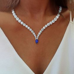Classic Pear Cut Blue & White Sapphire Pear & Round Cut Wedding Necklace For Women