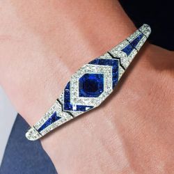 Art Deco Milgrain Halo Asscher Cut Blue Sapphire Bracelet For Women Wedding Jewelry 14.7 Ct 