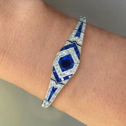14.7 Ct Art Deco Milgrain Halo Asscher Cut Blue Sapphire Bracelet Bridal Jewelry For Women 