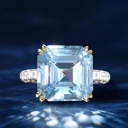 7.2 Ct Next Necklace Two Tone Asscher Cut Aquamarine Bridal Jewelry Engagement Ring For Women