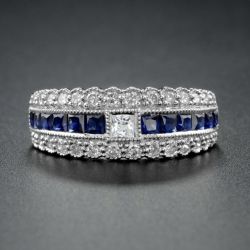 Princess Cut Blue Sapphire Wedding Band For Women 1.56 Ct Wedding Jewelry
