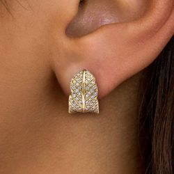 0.48 Ct Golden Round Cut White Sapphire Earrings Bridal Jewelry Leaf Hoop Earrings For Women