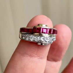 Two Tone Asscher Cut Ruby Sapphire Wedding Band For Women 