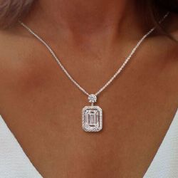 Halo Emerald Cut White Sapphire Pendant Necklace For Women Wedding Jewelry  