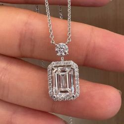 Halo Emerald Cut White Sapphire Pendant Necklace For Women Wedding Jewelry  