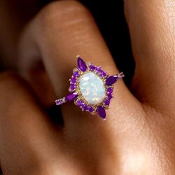 Rose Gold Halo Oval Cut Opal & Amethyst Sapphire Engagement Ring For Women Wedding Jewelry