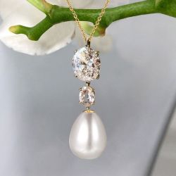 Golden Oval Cut Pearl & White Sapphire Pendant Necklace For Women Wedding Jewelry 