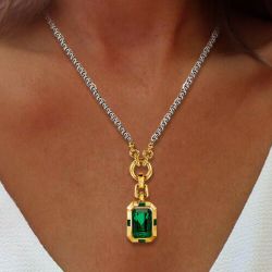 Two Tone Emerald Cut Emerald Sapphire Pendant Necklace Wedding Necklace For Women Wedding Jewelry 8.6 Ct 