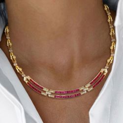 Golden Emerald Cut Ruby Sapphire Luxury Jewelry Wedding Necklace For Women 5.56 Ct 