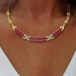Golden Emerald Cut Ruby Sapphire Luxury Jewelry Wedding Necklace For Women 5.56 Ct 