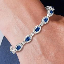 Halo Marquise Cut Blue Sapphire Bracelet For Women Wedding Jewelry