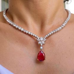 13.5 Ct Two Tone Pear Cut Ruby Sapphire Bridal Jewelry Wedding Necklace For Women