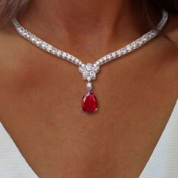 Two Tone Pear Cut Ruby Sapphire Wedding Necklace For Women Wedding Jewelry 13.5 Ct 