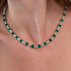 Emerald Cut Emerald Sapphire Tennis Wedding Necklace For Women Wedding Jewelry 42.4 Ct 