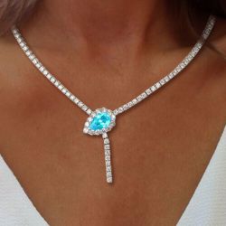 Halo Pear Cut Aquamarine Wedding Necklace For Women Wedding Jewelry 29.23 Ct 