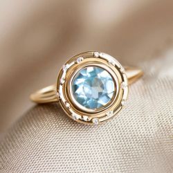 Golden Round Cut Aquamarine Bridal Jewelry Engagement Ring For Women