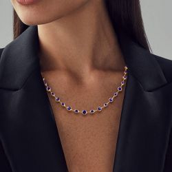 Golden Round Cut Blue Sapphire Wedding Necklace For Women Wedding Jewelry 10.64 Ct 