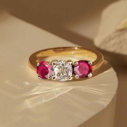 Golden Three Stone Cushion Cut Ruby Sapphire Engagement Ring For Women Wedding Jewelry 1.3 Ct 