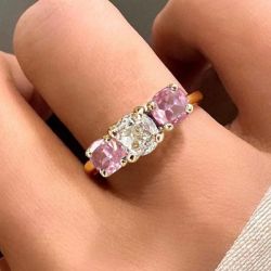 Golden Three Stone Cushion Cut Pink Sapphire Engagement Ring For Women Wedding Jewelry 1.3 Ct 