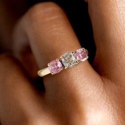 1.3 Ct Golden Three Stone Cushion Cut Pink Sapphire Bridal Jewelry Engagement Ring For Women 