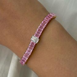 Two Tone Radiant Cut Pink Sapphire Tennis Bracelet Wedding Jewelry For Women 14.2 Ct 