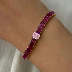 14.2 Ct Two Tone Radiant Cut Pink & Ruby Sapphire Tennis Bracelet Bridal Jewelry For Women