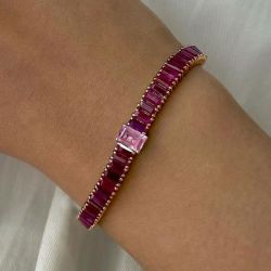 14.2 Ct Two Tone Emerald Cut Pink & Ruby Sapphire Tennis Bracelet Bridal Jewelry For Women