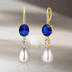 Golden Oval Cut & Pearl Blue Sapphire Drop Earrings For Women