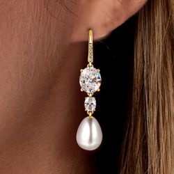 5 Ct Golden Oval Cut Pearl & White Sapphire Drop Earrings Bridal Jewelry For Women