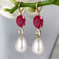 5 Ct Golden Oval Cut Pearl & Ruby Sapphire Drop Earrings Bridal Jewelry For Women