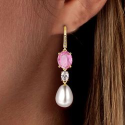 Golden Oval Cut Pearl & Pink Sapphire Drop Earrings Wedding Jewelry For Women 5 Ct 