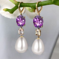 5 Ct Golden Oval Cut Pearl & Amethyst Sapphire Drop Earrings Bridal Jewelry For Women