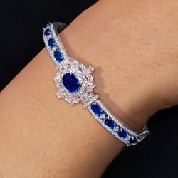 Double Halo Oval Cut Blue Sapphire Bracelet For Women