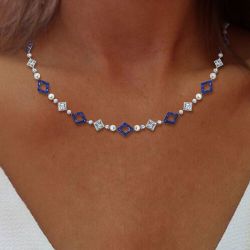 Round Pearl & Blue Sapphire Wedding Necklace For Women Wedding Jewelry 13.62 Ct 