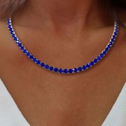 39.98 Ct Round Cut Blue Sapphire Bridal Jewelry Wedding Tennis Necklace For Women