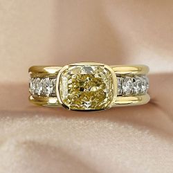 Two Tone Bezel Cushion Cut Yellow Sapphire Engagement Ring For Women Wedding Jewelry 3.46 Ct 