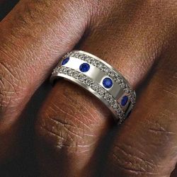 Round Cut Blue Sapphire Eternity Band Wedding Band For Men