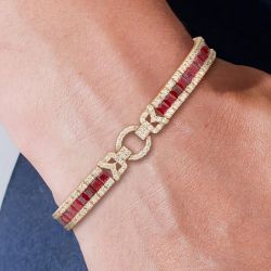 16.53 Ct Golden Emerald Cut Ruby Sapphire Tennis Bracelet For Women 