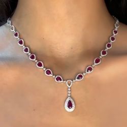 Double Halo Pear Cut Ruby Sapphire Lariat Necklace Wedding Necklace For Women