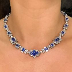 Cluster Design Round Cut Blue Sapphire Bridal Jewelry Wedding Necklace For Women 