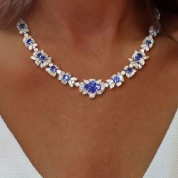 Cluster Design Round Cut Blue Sapphire Wedding Necklace For Women Wedding Jewelry 