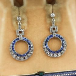 Art Deco Milgrain Emerald Cut Blue Sapphire Drop Earrings Wedding Jewelry For Women 3.8 Ct 
